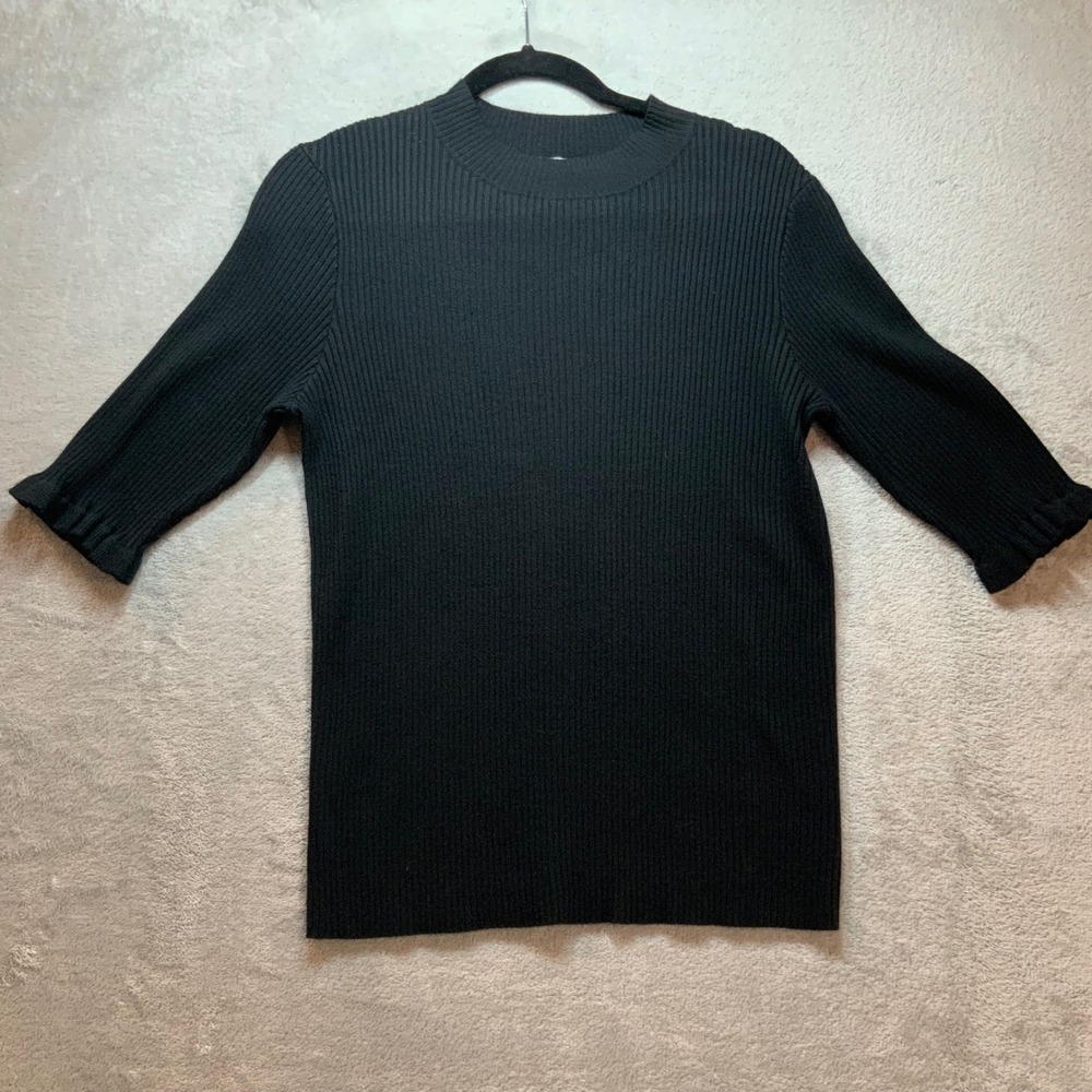 Anna Rose Black Ribbed Mock Neck Top 3/4 Sleeve Ruffle Cuff Womens Large